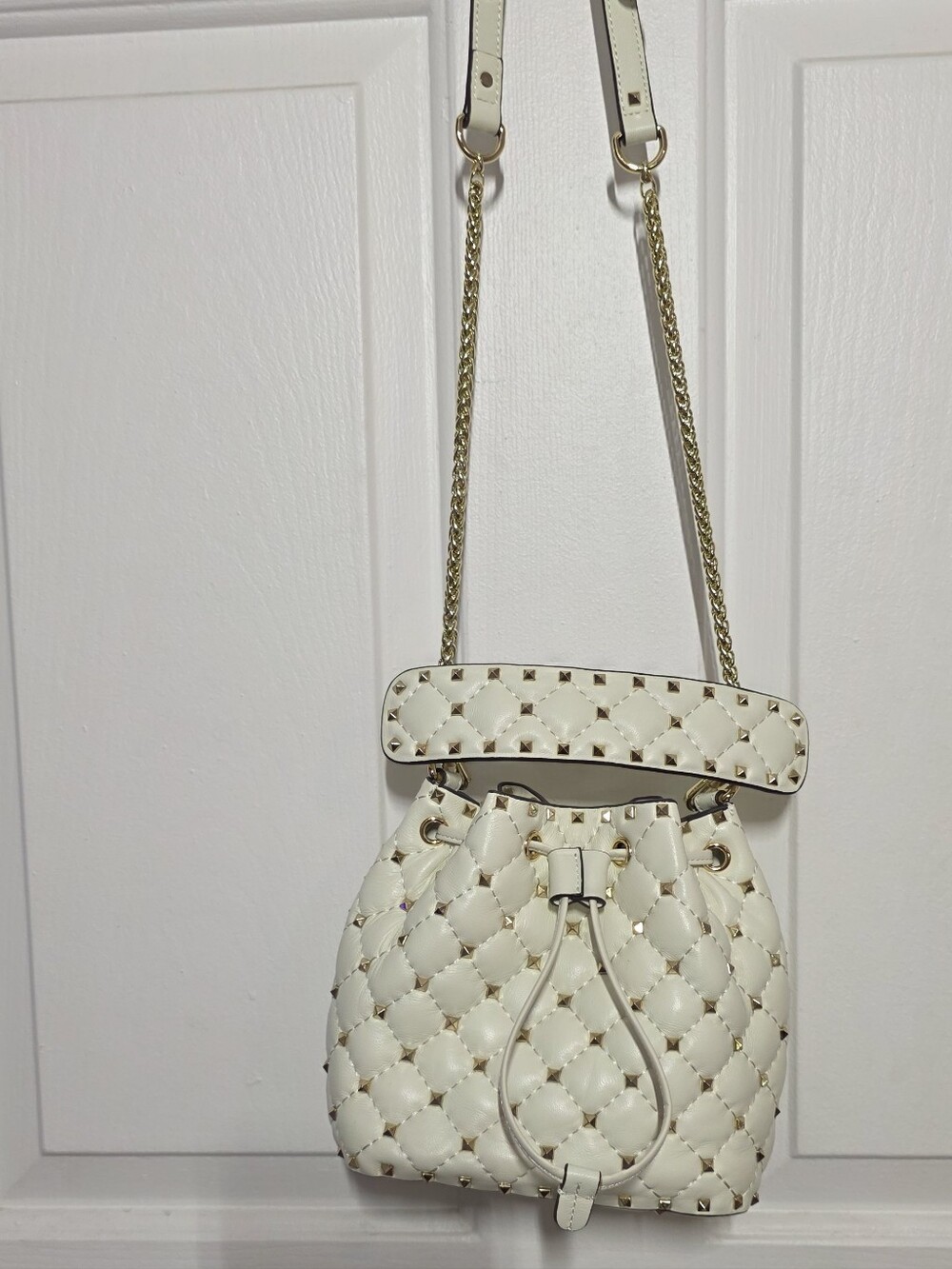 Off White Quilted Studded Drawstring Shoulder Bag - Picture 8 of 13